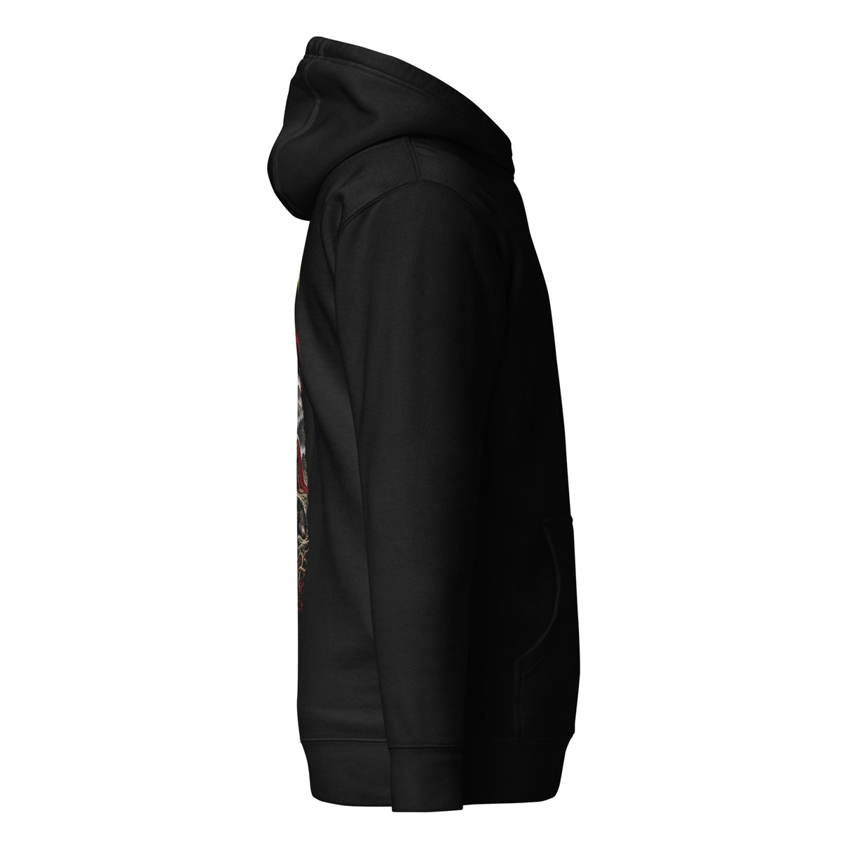 Right side of Gelert black hoodie in the Corrupt Couture Welsh Legends collection
