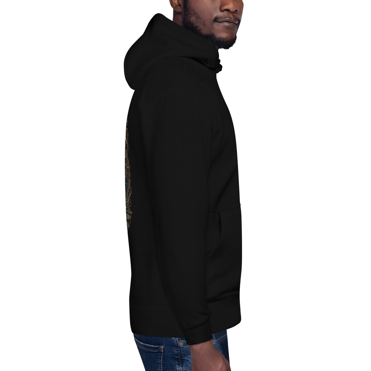Right side of Llyn y Fan Fach black hoodie in the Corrupt Couture Welsh Legends collection