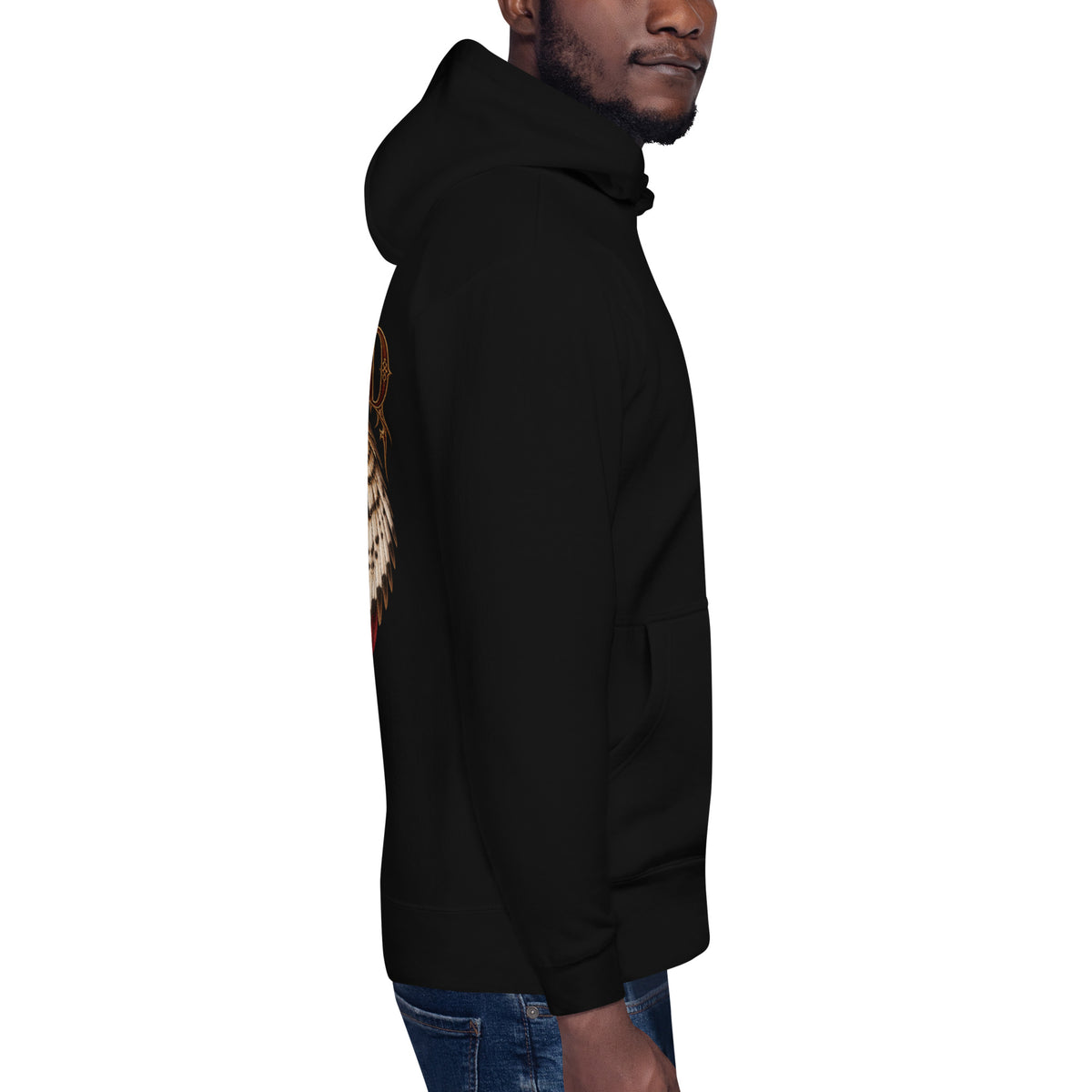 Right-side mockup of Blodeuwedd black hoodie from Corrupt Couture's Mabinogion collection