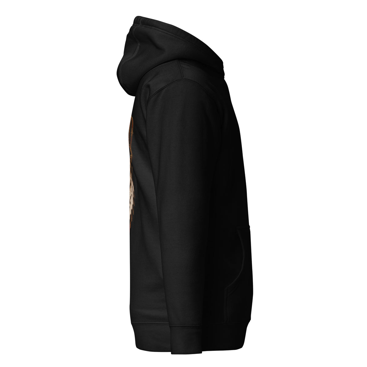 Right-side mockup of Blodeuwedd black hoodie from Corrupt Couture's Mabinogion collection