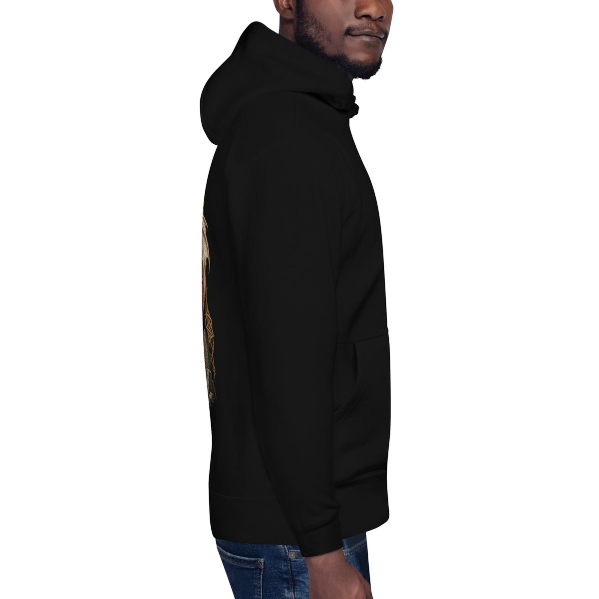 Right-side mockup of Lludd & Llefelys black hoodie from Corrupt Couture's Mabinogion collection