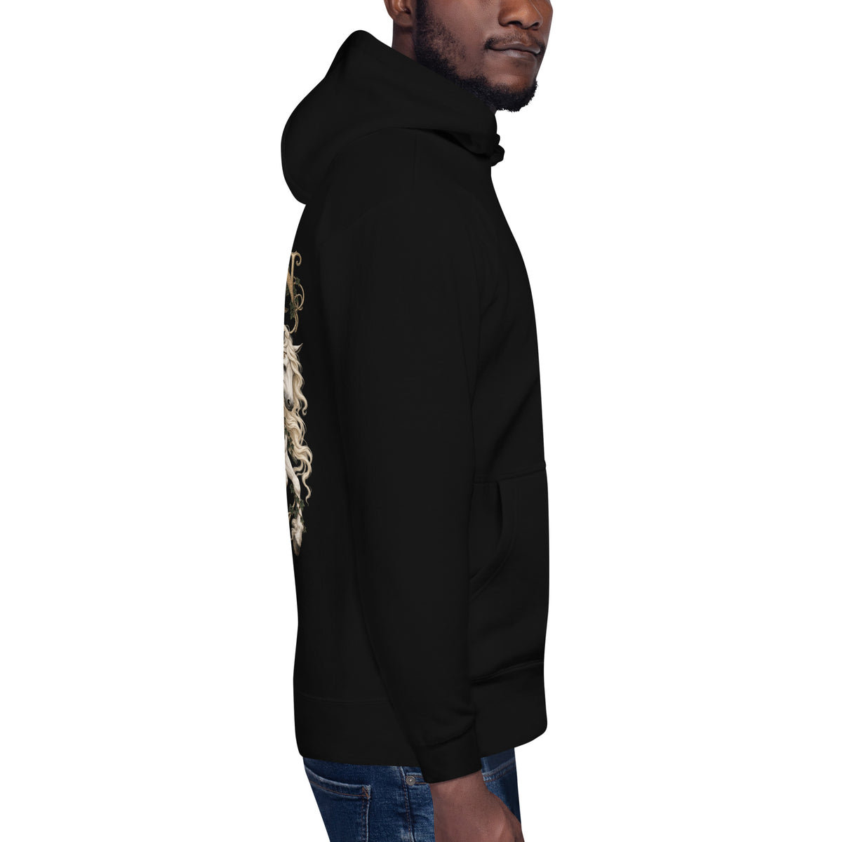 Right-side mockup of Rhiannon black hoodie from Corrupt Couture's Mabinogion collection