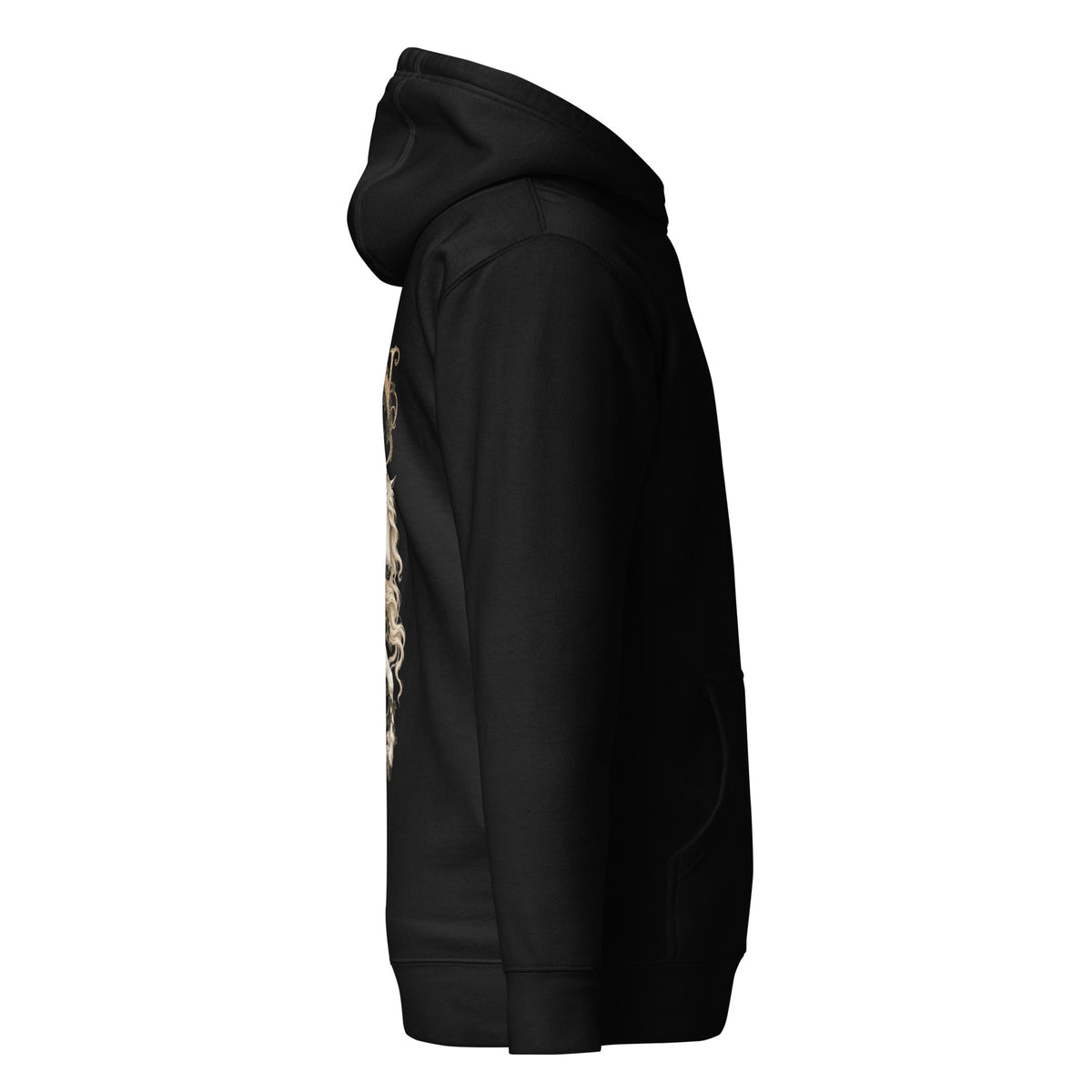 Right-side mockup of Rhiannon black hoodie from Corrupt Couture's Mabinogion collection