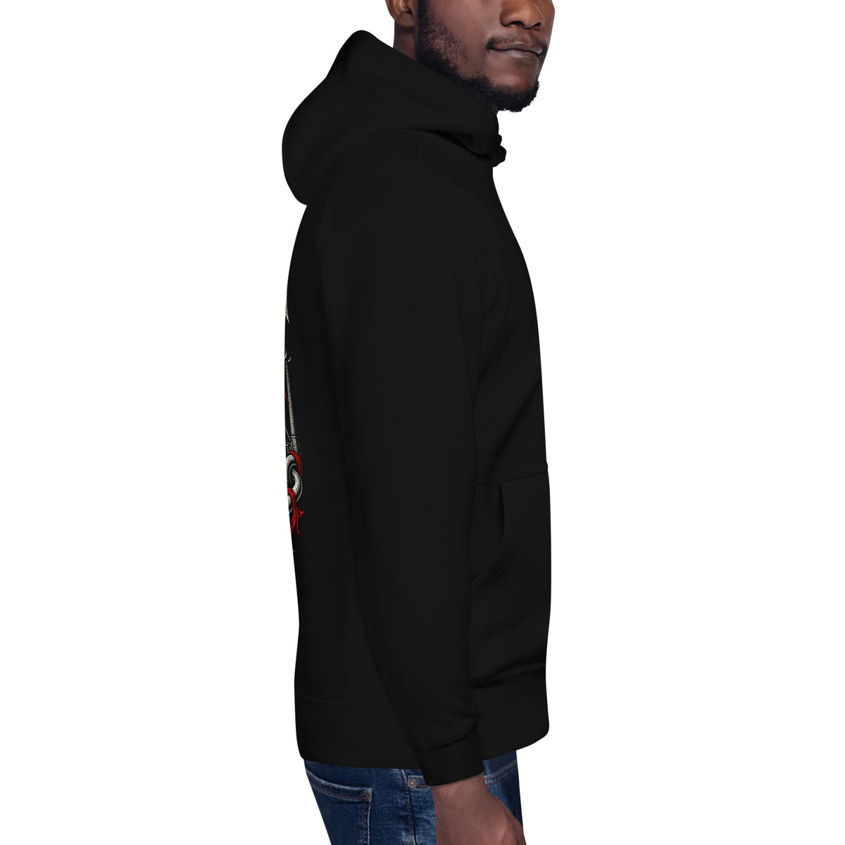 Right-side view of black Corrupt Couture Merthyr Rising premium hoodie
