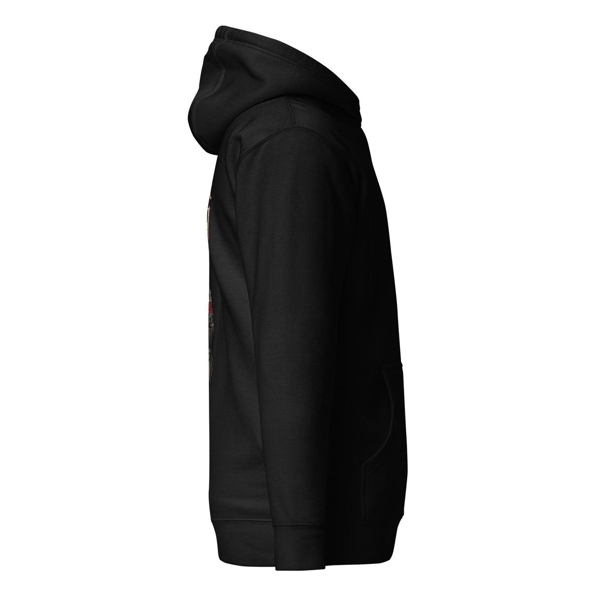 Right-side view of black Corrupt Couture Newport Rising premium hoodie