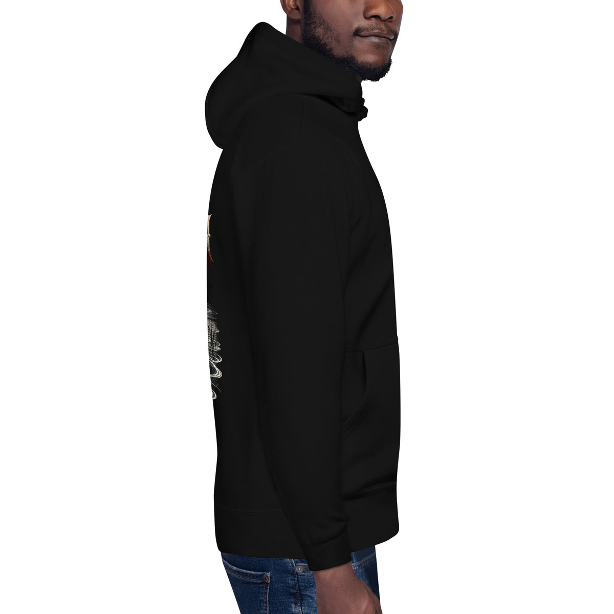 Right-side view of black Corrupt Couture Cofiwch Dryweryn premium hoodie