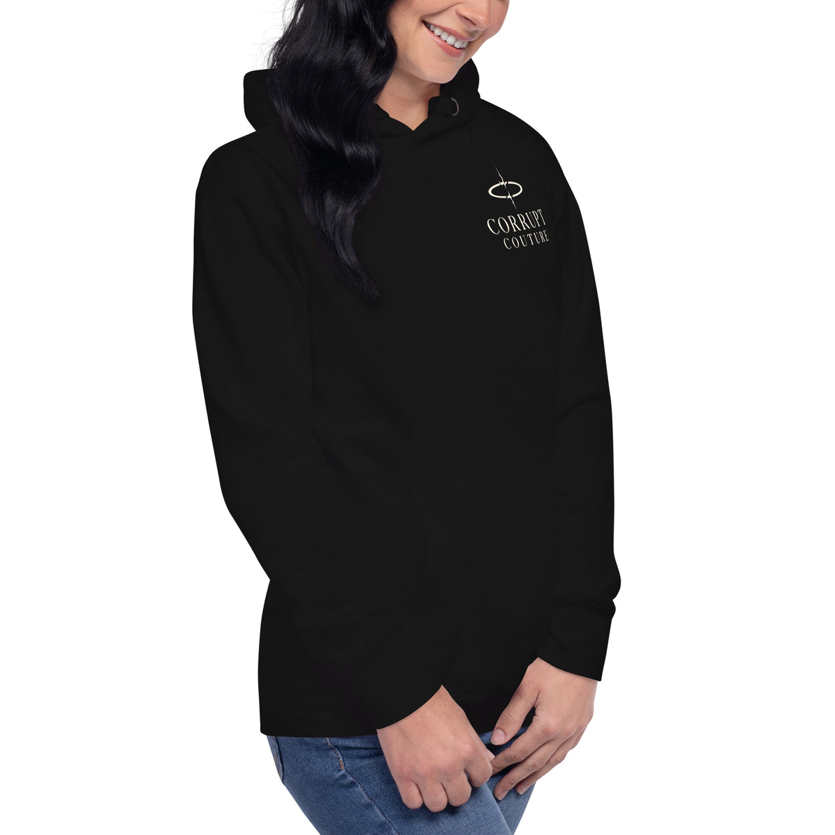 Right-front angled view of black Corrupt Couture No Saints hoodie
