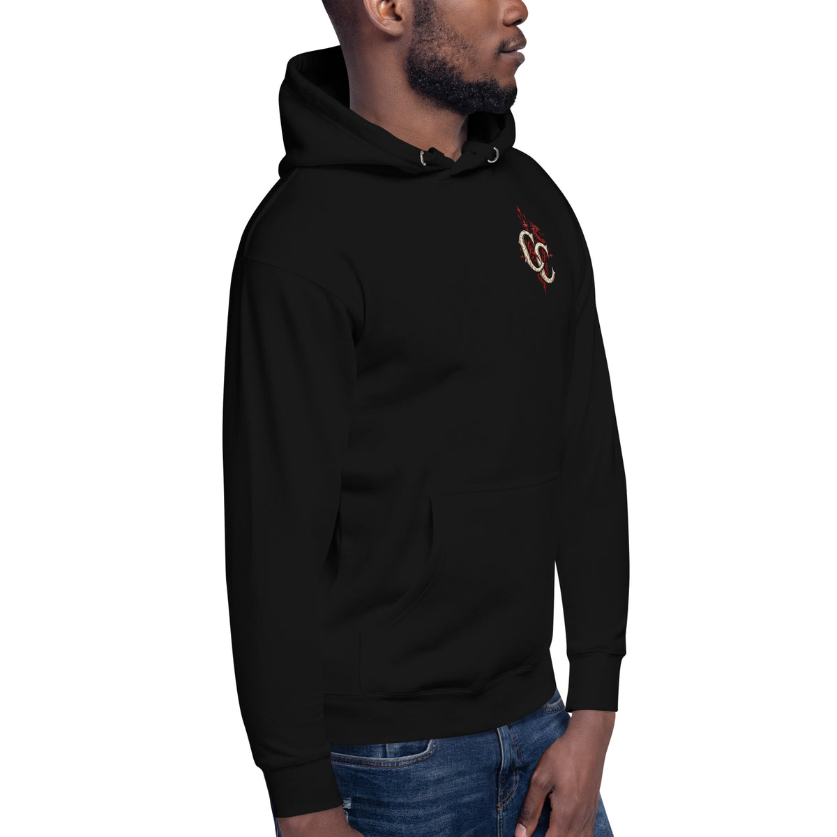 Front-view mockup of Rhiannon black hoodie from Corrupt Couture's Mabinogion collection