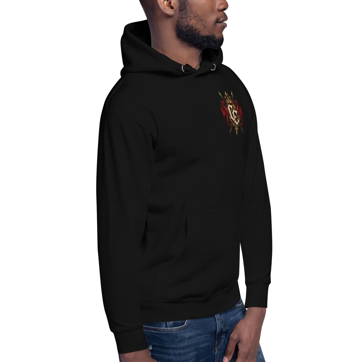 Front view of black Corrupt Couture Merthyr Rising premium hoodie