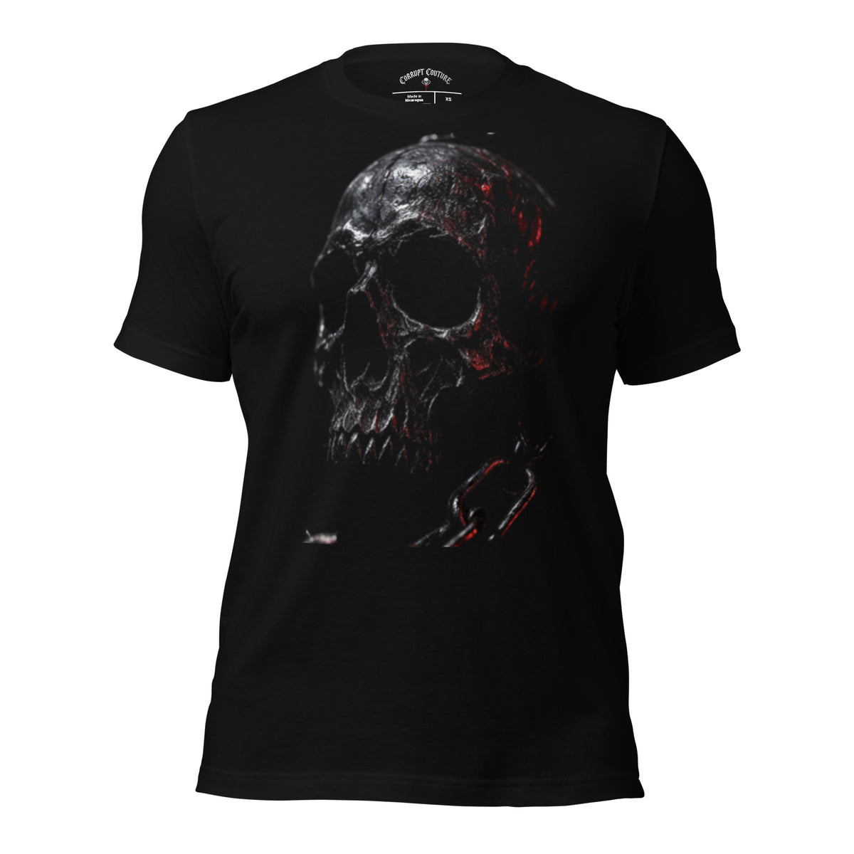 Corrupt Couture Chained Skull graphic T-shirt, front view