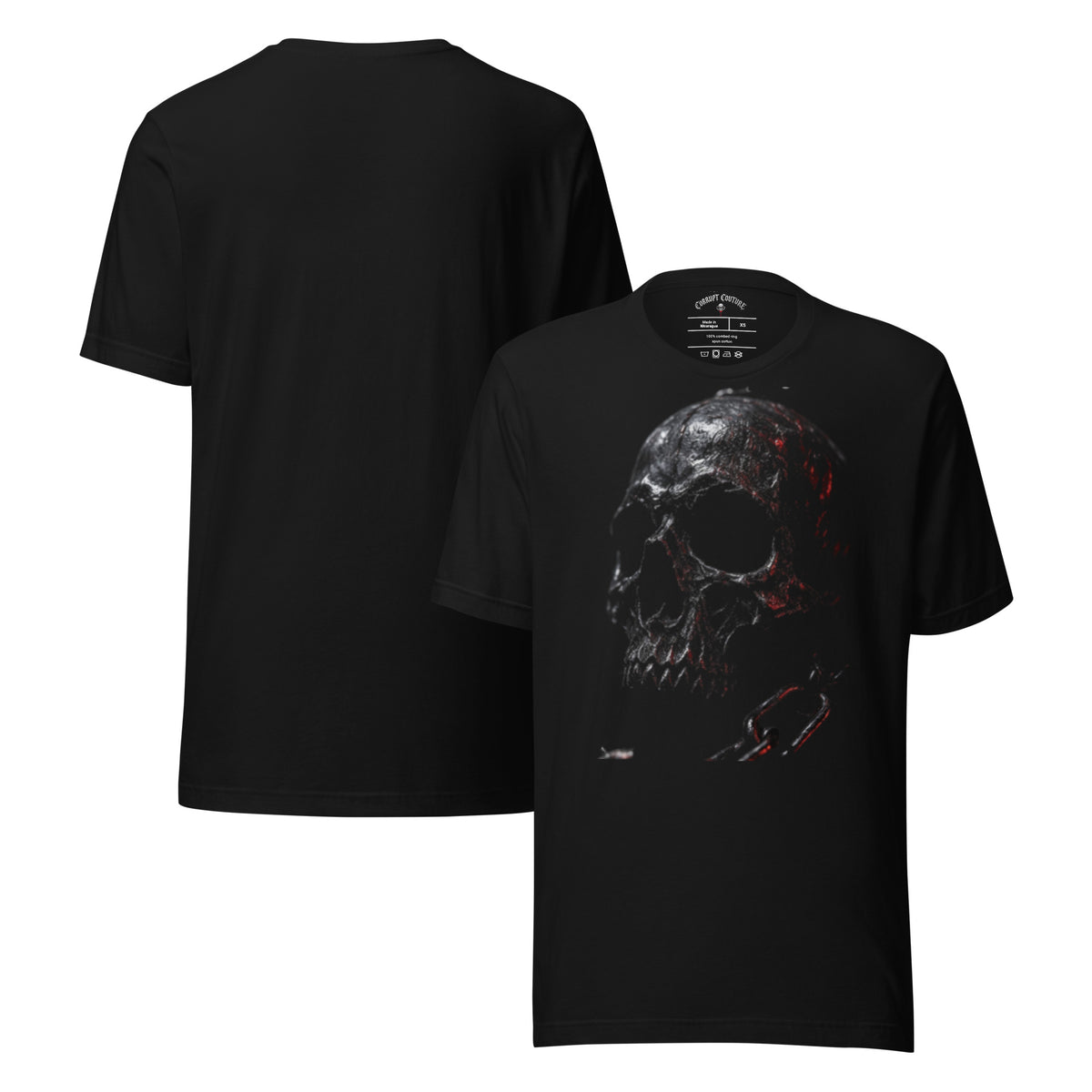 Corrupt Couture Chained Skull graphic T-shirt, front and back views