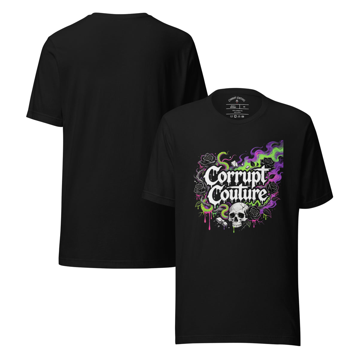 Corrupt Couture Core Logo graphic T-shirt, front and back views