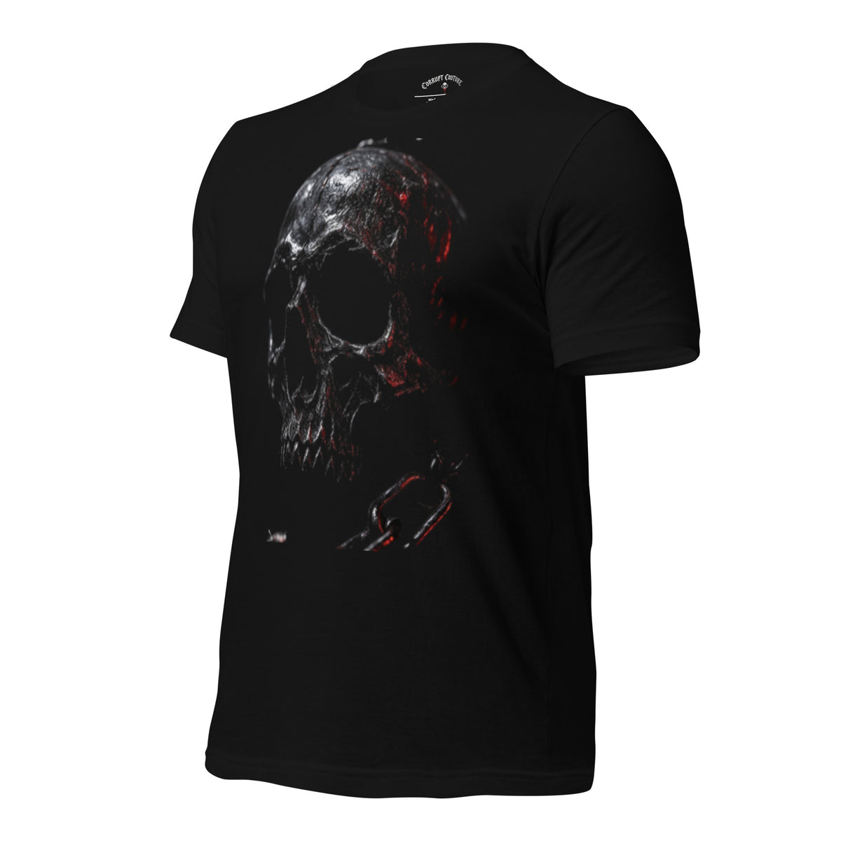 Corrupt Couture Chained Skull graphic T-shirt, left-front angled view