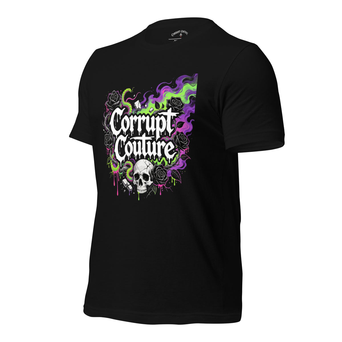 Corrupt Couture Core Logo graphic T-shirt, left-front angled view