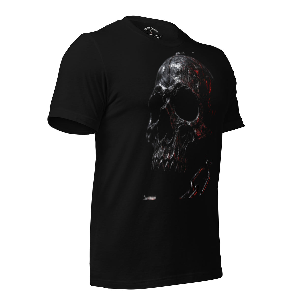 Corrupt Couture Chained Skull graphic T-shirt, right-front angled view